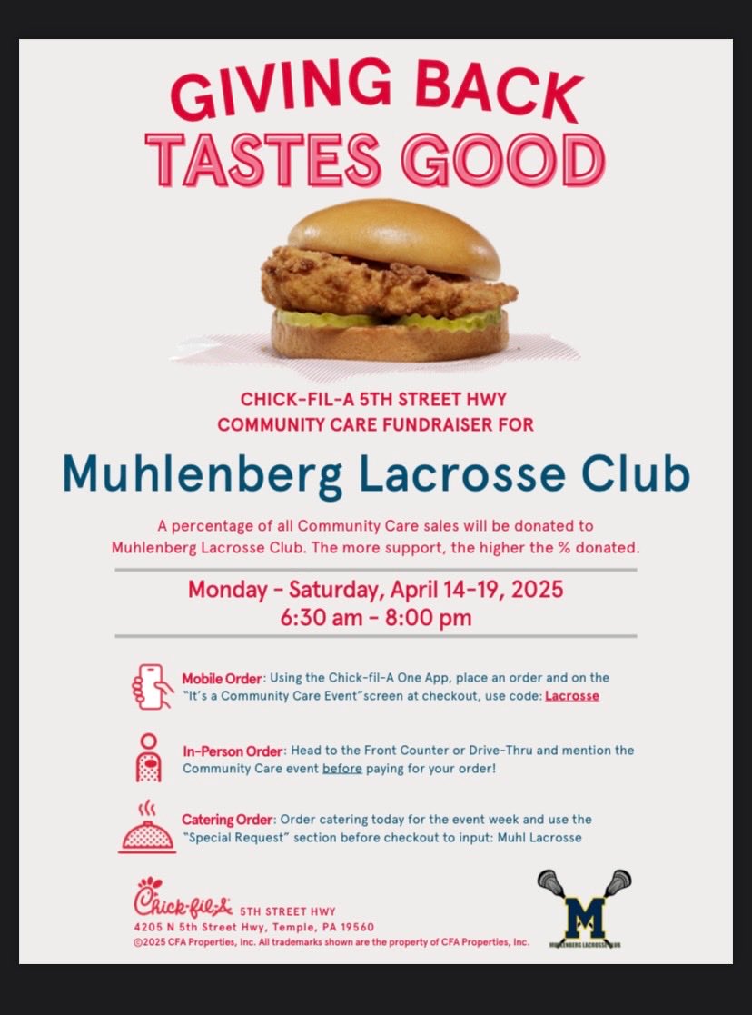 Stop by Chick-Fil-A this week and support your local Lacrosse club see flyer for details ⁦<a href="/Muhl_Sports/">Muhlenberg Athletics</a>⁩ ⁦<a href="/muhlsd/">Muhlenberg SD</a>⁩