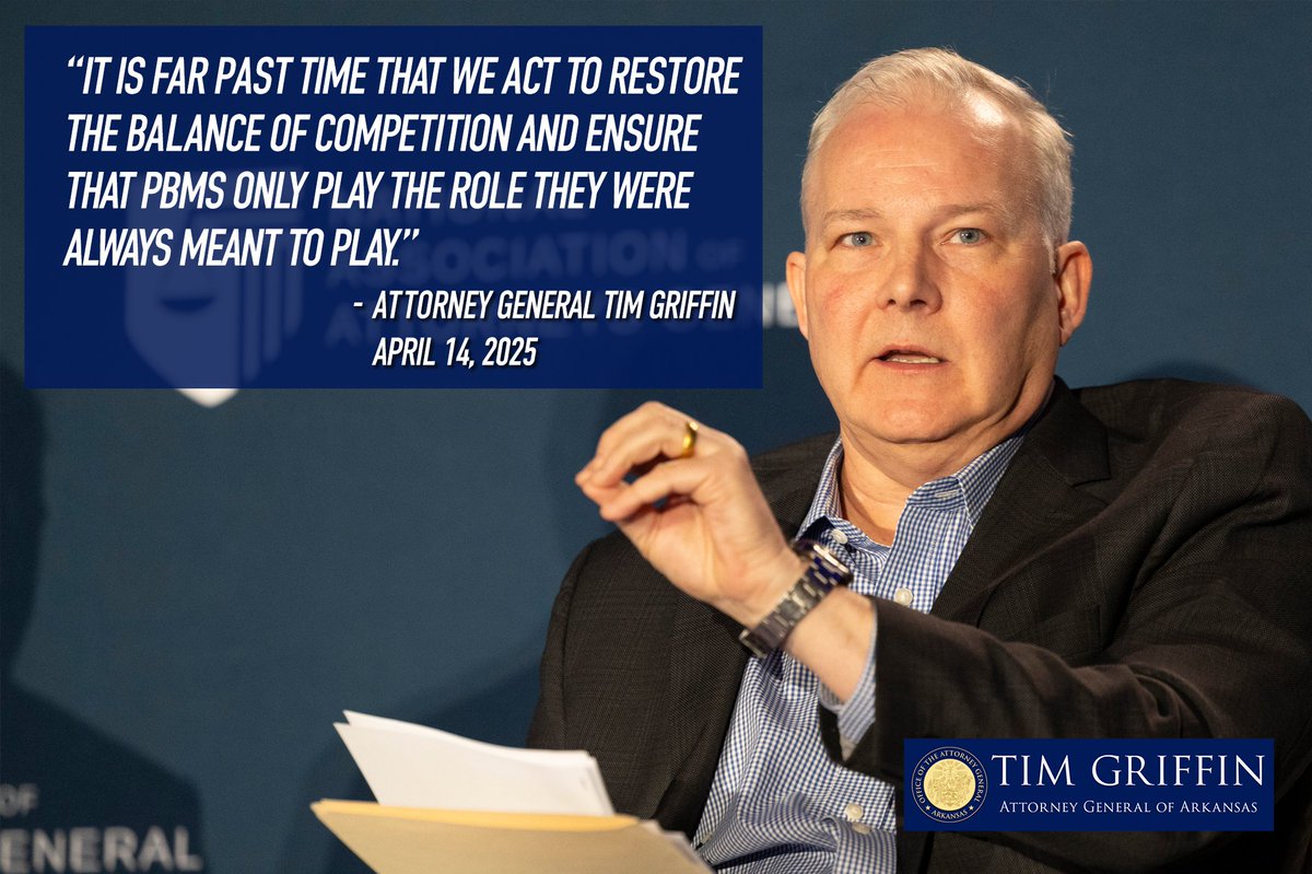 AGTimGriffin's tweet photo. Today I led a coalition of 39 state and territory attorneys general in sending a letter to Congress asking them to prohibit pharmacy benefit managers (PBMs) from owning or operating pharmacies.

PBMs are third-party administrators of prescription drug programs for health plans, and as such they heavily influence drug prices for pharmacies. Over the past few decades, PBMs have increasingly moved into the space of pharmacy ownership and operation. This has allowed them to set certain drug prices for pharmacies they control while setting less competitive prices for independent pharmacies and others outside their scope of influence.

While this practice hurts small businesses, it ultimately hurts consumers by driving down competition. The letter that I led alongside the attorneys general of Massachusetts, Missouri, and Vermont urges Congress to take action and protect consumers by enacting a law prohibiting PBMs or their parent companies from owning or operating pharmacies.

We have stood by for too long and watched PBMs’ influence encroach on consumers and small businesses. It is far past time that we act to restore the balance of competition and ensure that PBMs only play the role they were always meant to play. https://t.co/0s9KOlniQL #arnews 

@MassAGO @AGAndrewBailey @VTAttorneyGen @AKAG_TregTaylor @AZAGMayes @AGRobBonta @DE_DOJ @DCAttorneyGen @AtghIgov @ILAttyGeneral @kyoag @AGLizMurrill @OAGMaryland @MIAttyGen @AGEllison @LynnFitchAG @NevadaAG @NH_DOJ @NewJerseyOAG @NewMexicoDOJ @NewYorkStateAG @NCAGO @OhioAG @ORDOJ @PAAttorneyGen @AGNeronha @SDAttorneyGen @AGTennessee @UtahAG @JasonMiyaresVA @AGOWA @WestVirginiaAG @WisDOJ