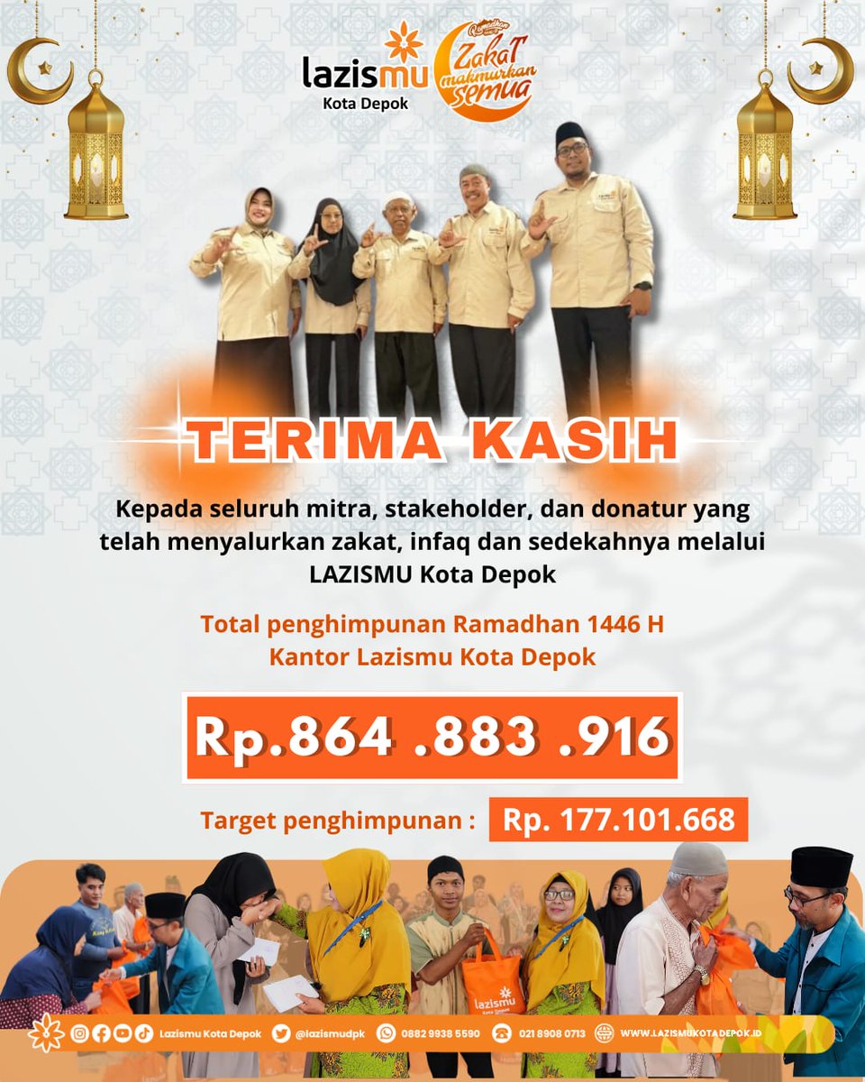 Alhamdulillah! Total penghimpunan Ramadhan 1446 H oleh LAZISMU Kota Depok capai Rp. 864.883.916 🎉
Melebihi target: Rp. 177.101.668 🙌
Terima kasih kepada semua donatur, mitra, &amp; stakeholder.
Zakat mencerahkan semua! ✨