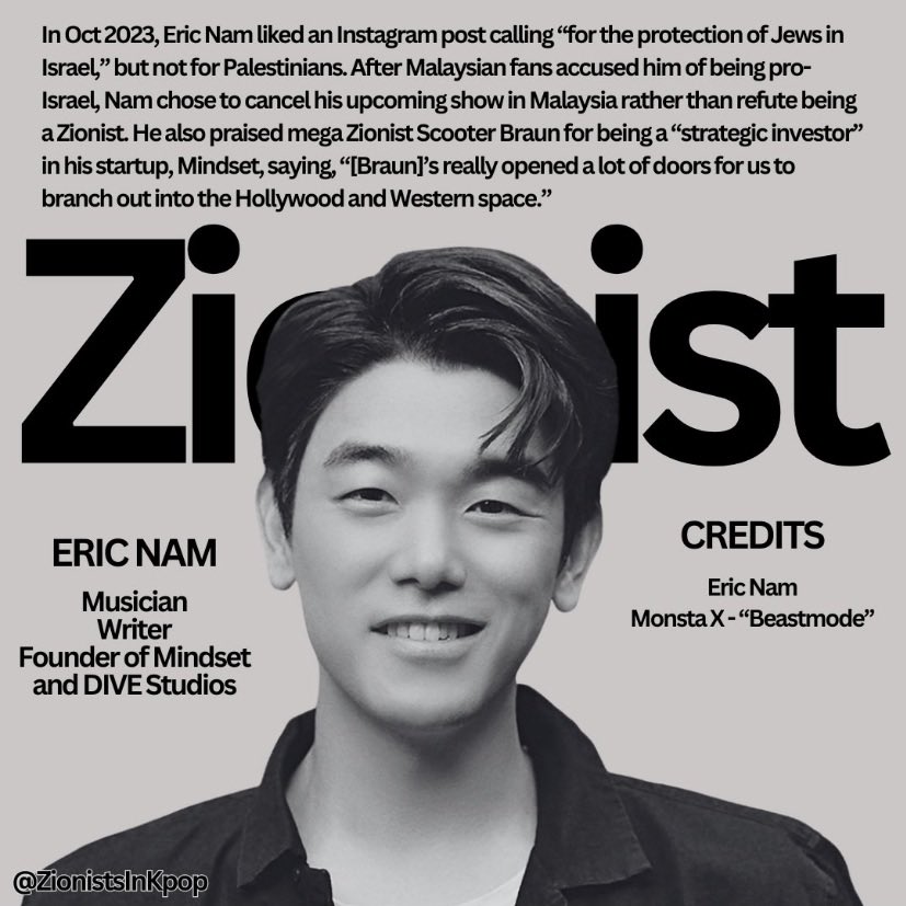 PopsicleHoshi's tweet photo. carats please refrain from engaging with dive studio’s content not only eric nam is a zionist but they are also invested by scooter braun a raging zionist and islamophobe who has met with netanyahu and directly raised money to fund the idf!! https://t.co/XUo4svlF4L