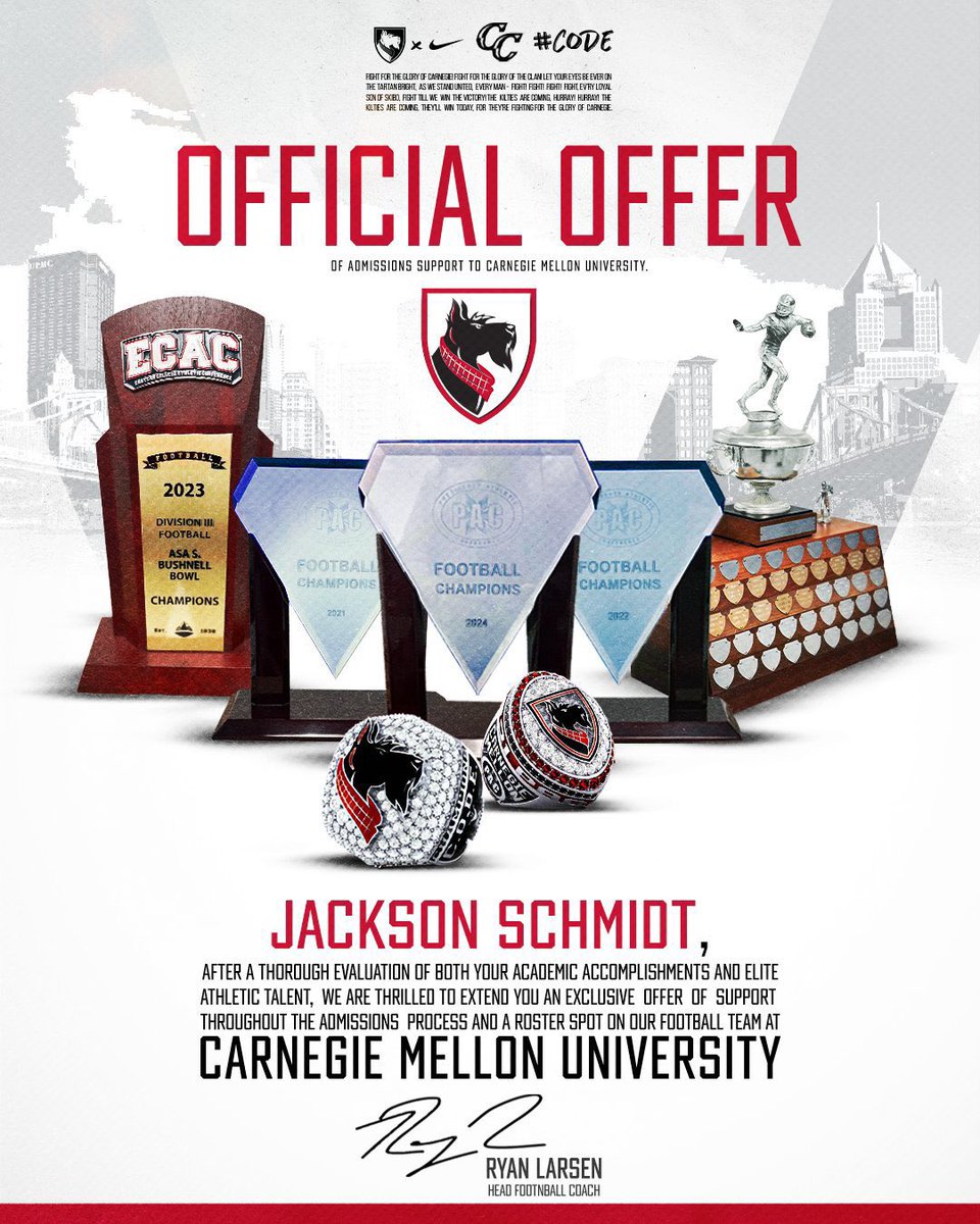 I am blessed and thankful to receive an offer to play football at Carnegie Mellon University!!!
<a href="/Coach_Kay19/">K. K. Rountree🇹🇹</a> <a href="/CoachRyanLarsen/">Ryan Larsen</a> <a href="/CoachGibboney/">Coach Gibboney</a> <a href="/CoachWild15/">Marty Wild</a> <a href="/lovettathletics/">Lovett Athletics</a> <a href="/lovettlionsfb/">Lovett Football</a>