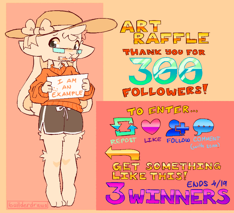 BuilderAltWCF1's tweet photo. THANK YOU FOR 300!
to celebrate, ill be hosting an art raffle with 3 winners!

to enter;
-repost
-like
-follow
-comment with your sona/oc

once again, thanks for 300! i appreciate each and every one of you! <3 https://t.co/rA5kBx7sm4