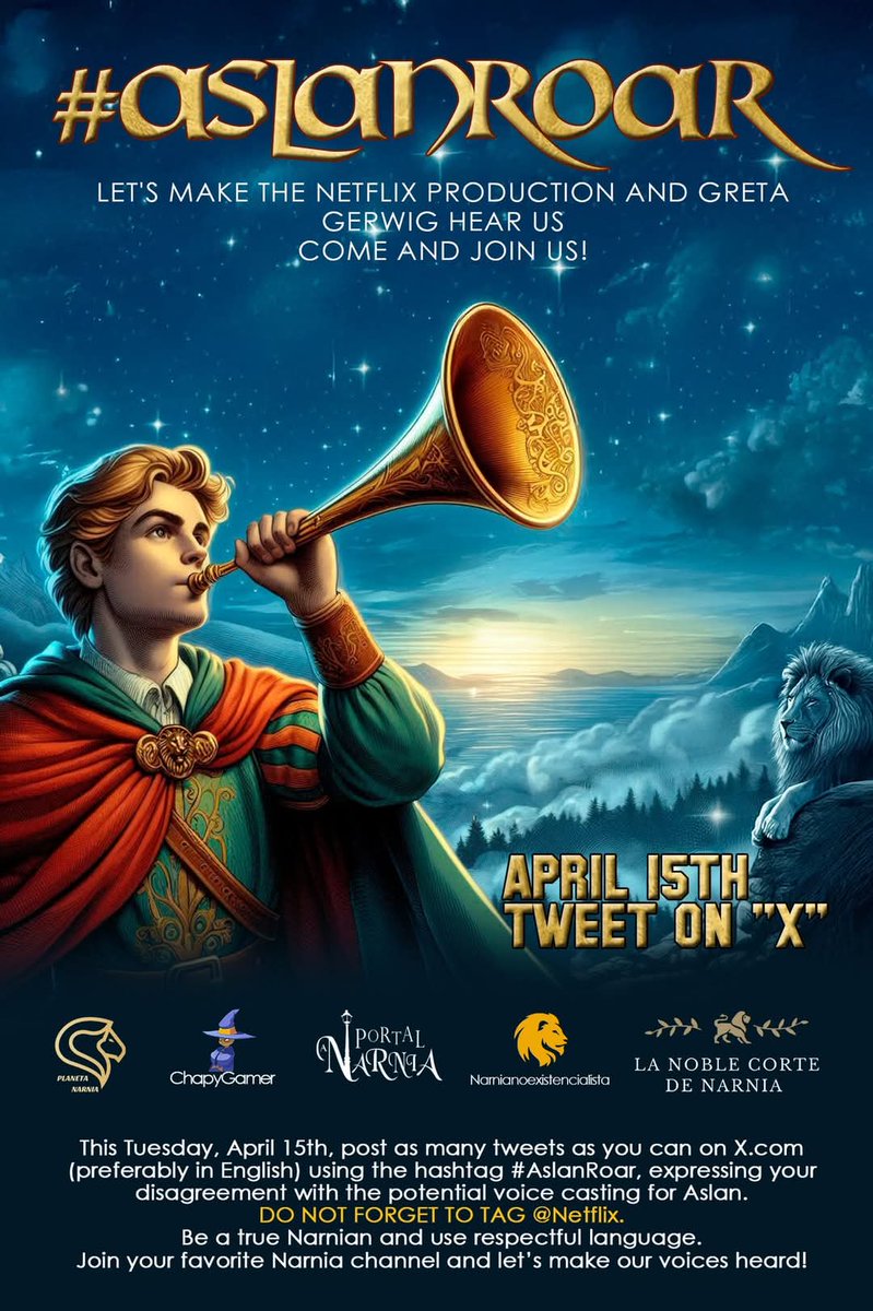 portalanarnia's tweet photo. "Join the roar! On April 15th, participate in our #AslanRoar dynamic on X and let your voice be heard. Multiple pages have joined to amplify the roar! Keep roaring with us and together let's make it heard. https://t.co/DjPQoh0DT5