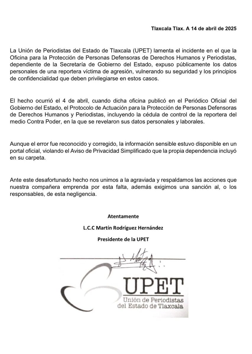 farotlax's tweet image. Cuestiona la #UPET que el gobierno de @LorenaCuellar  expusiera, de manera irresponsable,  en el Periódico Oficial del Estado datos personales de una #Periodista víctima de violencia.