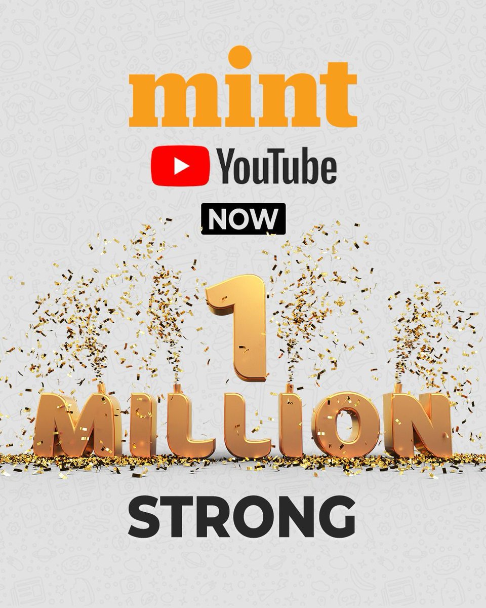 🎉 We’re now 𝟏 𝐌𝐈𝐋𝐋𝐈𝐎𝐍 𝐒𝐓𝐑𝐎𝐍𝐆 on YouTube 🎉

A big THANK YOU to our amazing community for making this milestone possible. 🙏

📺 Keep watching, sharing &amp; growing with us 🙌
youtube.com/@livemint

<a href="/binoy_prabhakar/">Binoy Prabhakar</a> | <a href="/sana_mb/">Sana Marwaha</a> | <a href="/SubhajitSG/">Subhajit Sengupta</a>