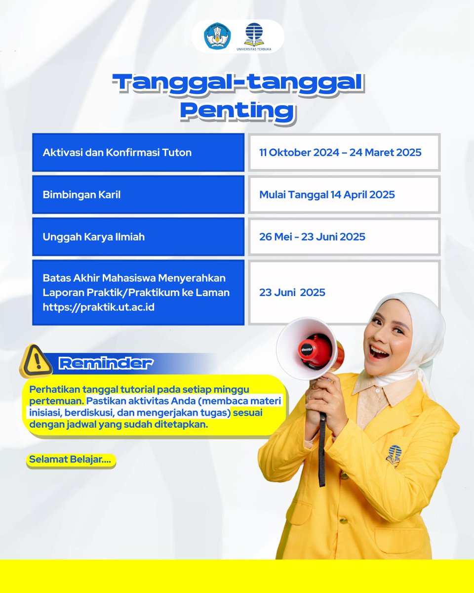 UnivTerbuka's tweet photo. Tutorial online sudah dimulai guys..🗣️📣

Waktunya mulai berpartisipasi aktif pada mata kuliah yg muncul di https://t.co/uXHNaPBVXk. 👨🏻‍💻📱

Jangan lupa lihat jadwal Tutorial Online (Tuton) &amp; luangkan waktumu buat belajar ya &amp; modul juga jangan sampai ketinggalan.📚 https://t.co/SMfCiUGOte