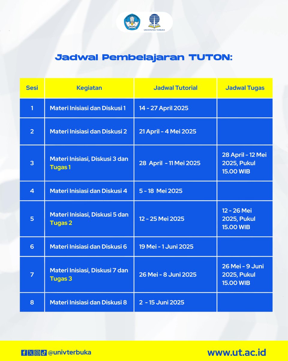 UnivTerbuka's tweet photo. Tutorial online sudah dimulai guys..🗣️📣

Waktunya mulai berpartisipasi aktif pada mata kuliah yg muncul di https://t.co/uXHNaPBVXk. 👨🏻‍💻📱

Jangan lupa lihat jadwal Tutorial Online (Tuton) &amp; luangkan waktumu buat belajar ya &amp; modul juga jangan sampai ketinggalan.📚 https://t.co/SMfCiUGOte