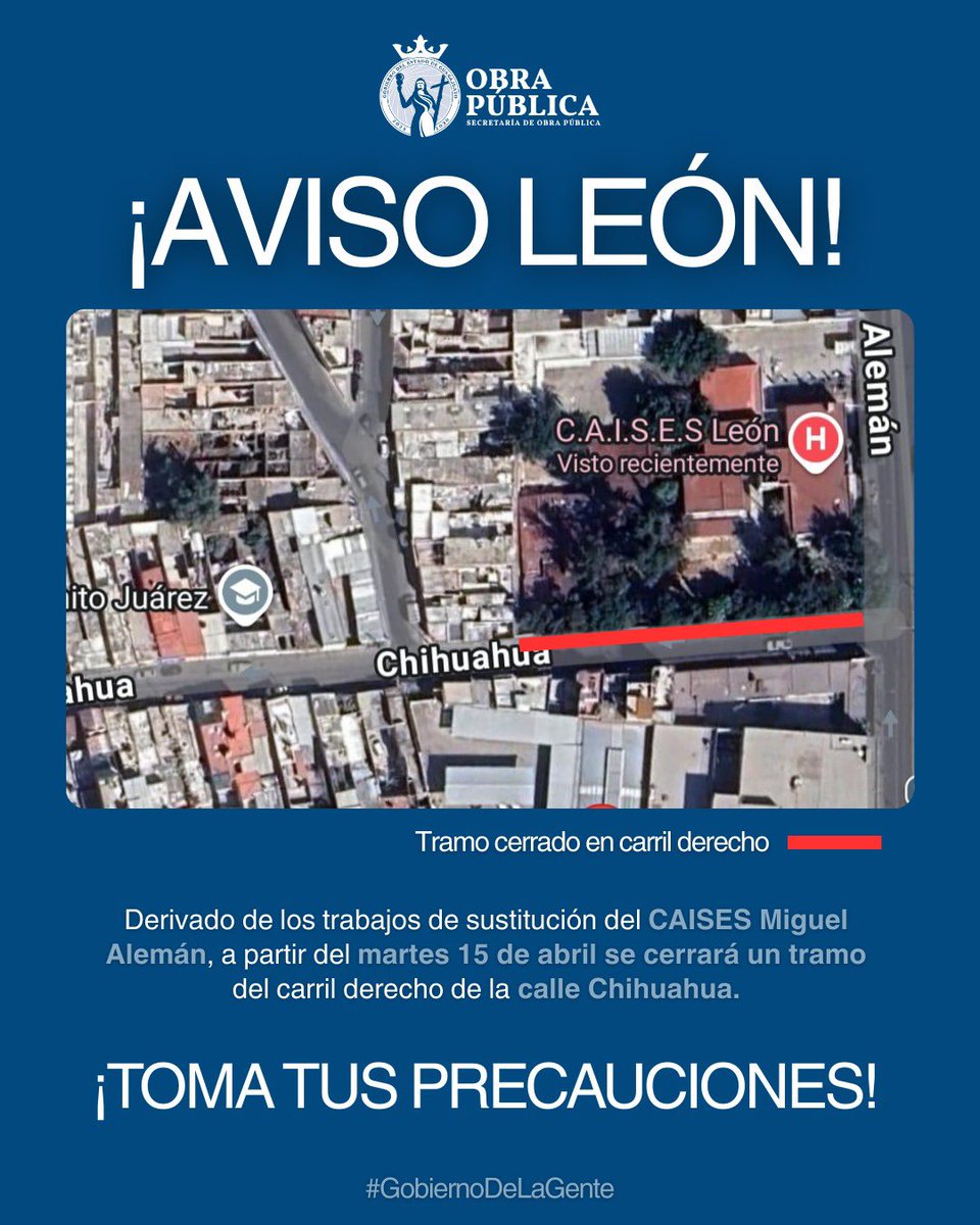 obragobgente's tweet photo. ¡AVISO #LEÓN! ⚠️
🚧Debido a los trabajos para sustituir el #CAISES Miguel Alemán, a partir de este 15 de abril se cerrará un tramo del carril derecho de la calle Chihuahua.
Trabajamos en coordinación con @municipio_leon para minimizar las molestias.
¡Toma precauciones! https://t.co/1oG3edVuH2