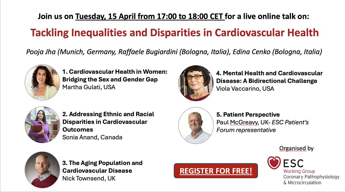 Dr. Martha Gulati ♥️🫀❤️🩹🇨🇦 (@drmarthagulati) on Twitter photo Join us tomorrow Tuesday, 15 April from 17:00 to 18:00 CET for a live online talk on:
Tackling Inequalities and Disparities in Cardiovascular Health <a href="/escardio/">European Society of Cardiology</a> <a href="/TheLancet/">The Lancet</a> <a href="/RBugiardini/">Raffaele Bugiardini</a> Join us tomorrow Tuesday, 15 April from 17:00 to 18:00 CET for a live online talk on:
Tackling Inequalities and Disparities in Cardiovascular Health <a href="/escardio/">European Society of Cardiology</a> <a href="/TheLancet/">The Lancet</a> <a href="/RBugiardini/">Raffaele Bugiardini</a>