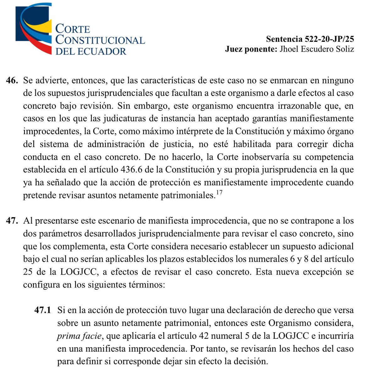 ObCorteConstEcu's tweet photo. Lean esta nueva y peligrosa sentencia de la @CorteConstEcu. Ya no hay seguridad jurídica en este país. En la constituyente que se avecina, lo primero que debe hacerse es limitar y crear mecanismos de control a las "hiperfacultades" que, a decir de sus jueces, tiene esta Corte. https://t.co/J3wSMLFLq5