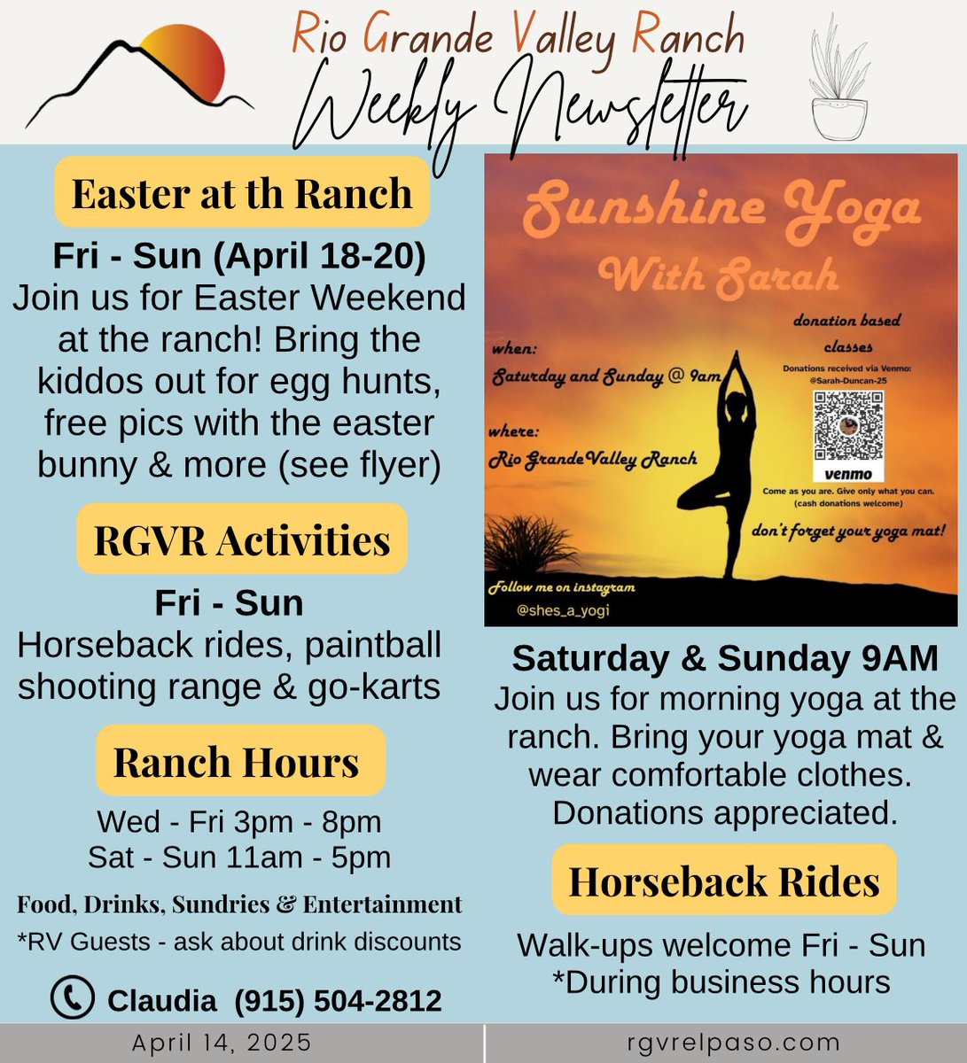 RGVR_Resort's tweet photo. #RGVR Events & Information for this week. April 14 - 20, 2025
https://t.co/25YNblR0hU
#rvlife #rvresort #canutillotx #rvresortlife #texasranch #horsebackriding #gokarts #RGVRRacing #elpasotx #todoelpaso #FoodTrucks #petfriendly #paintball #outdooryoga https://t.co/0inlWo99Wc