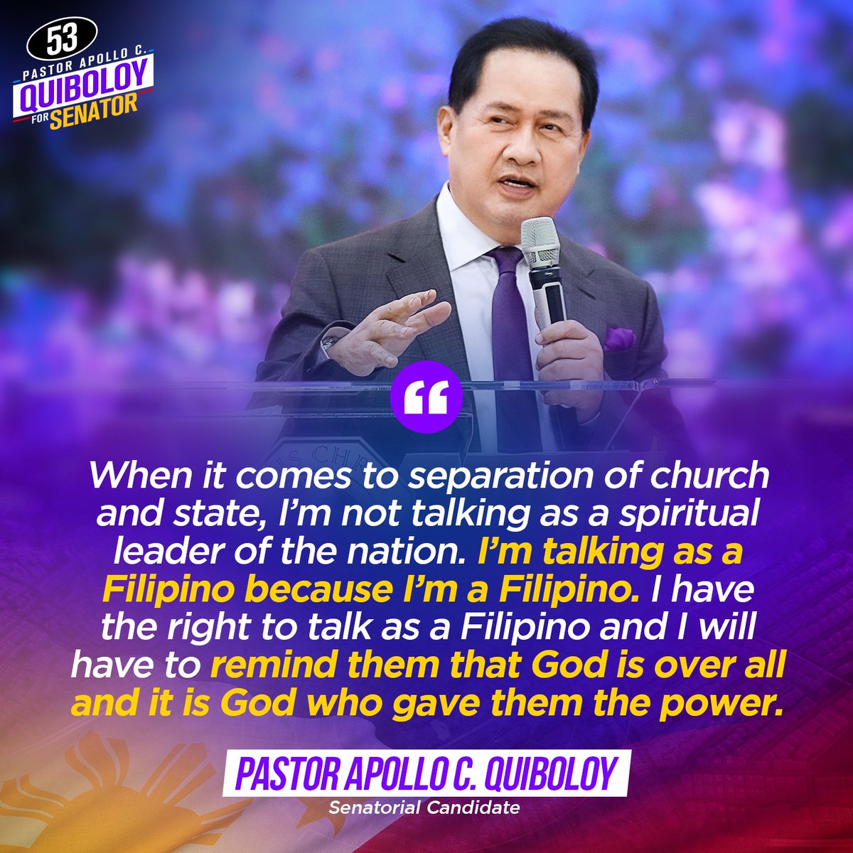 AQNationBuilder's tweet photo. I have the right to talk as a Filipino and I will have to remind them that God is over all and it is God who gave them the power.

Pastor Apollo C. Quiboloy
Senatorial Candidate

#ayusinnatinangPilipinas
#pastorQuiboloysasenado
#53sasenado
#NationBuilding
#nationbuilders https://t.co/zVSBSk6VLJ