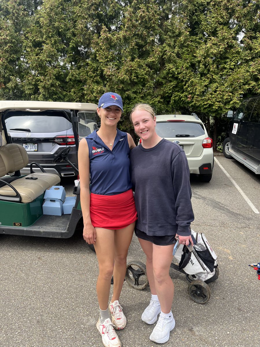 It’s Lady Knights Alumni, Christina Nagy’s turn to tee it up for SVSU at Walsh’s Cav Classic.  Cheering her on are Coach Harris and current and former Lady Knights Polly Loney and Ally Siewert.