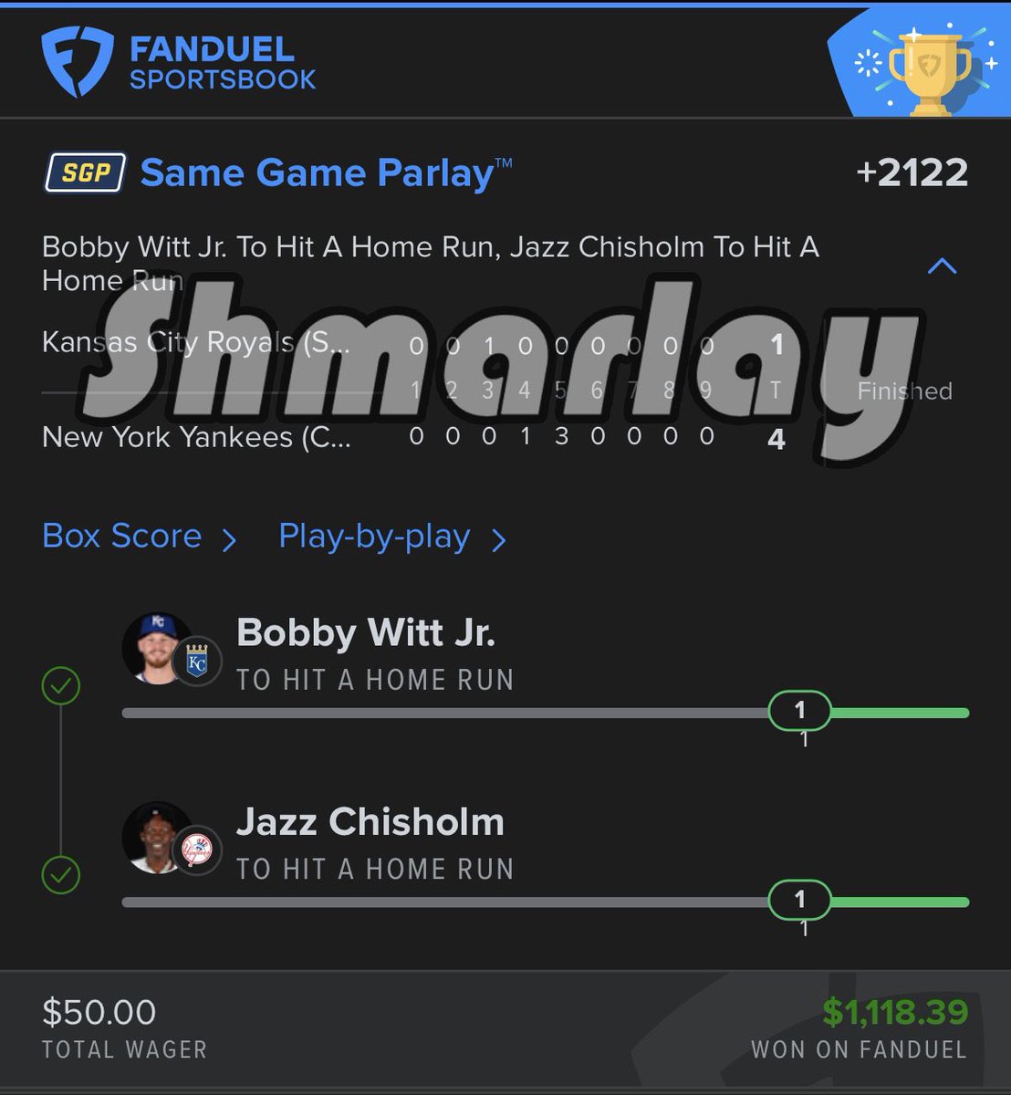 Shmarlay's tweet photo. @SGP_Parlay Took your Bobby Witt pick but added Jazz instead of Mookie and cashed 🔥🔥🔥 #mlb #shmoney #GamblingX #fanduel https://t.co/tKqqUb2cPR