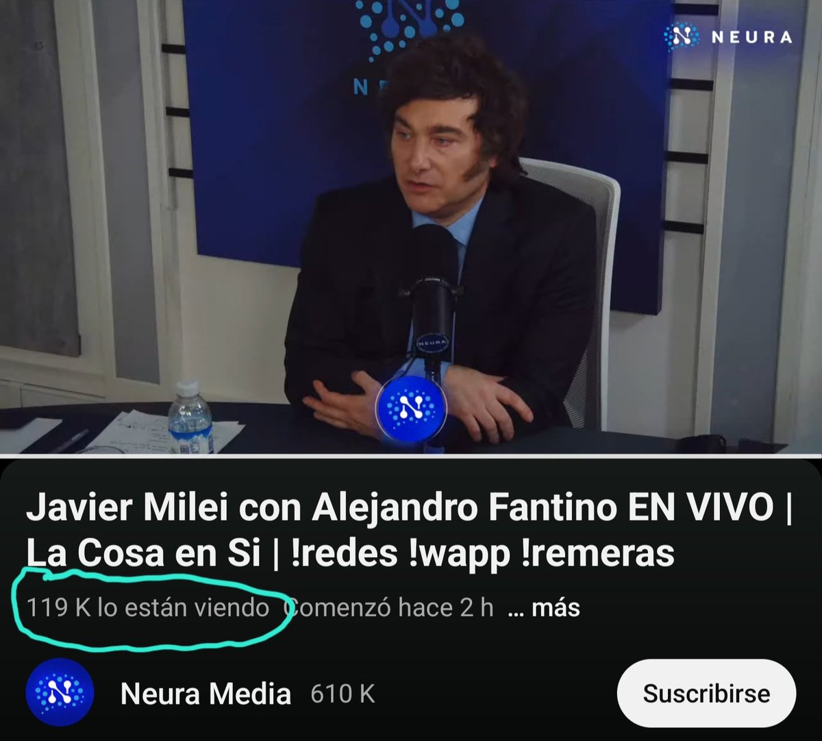 Casi 120 mil personas en vivo viendo a Milei en Neura, un lunes a las 11 de la noche.

Feo lunes para mandrilandia🦧