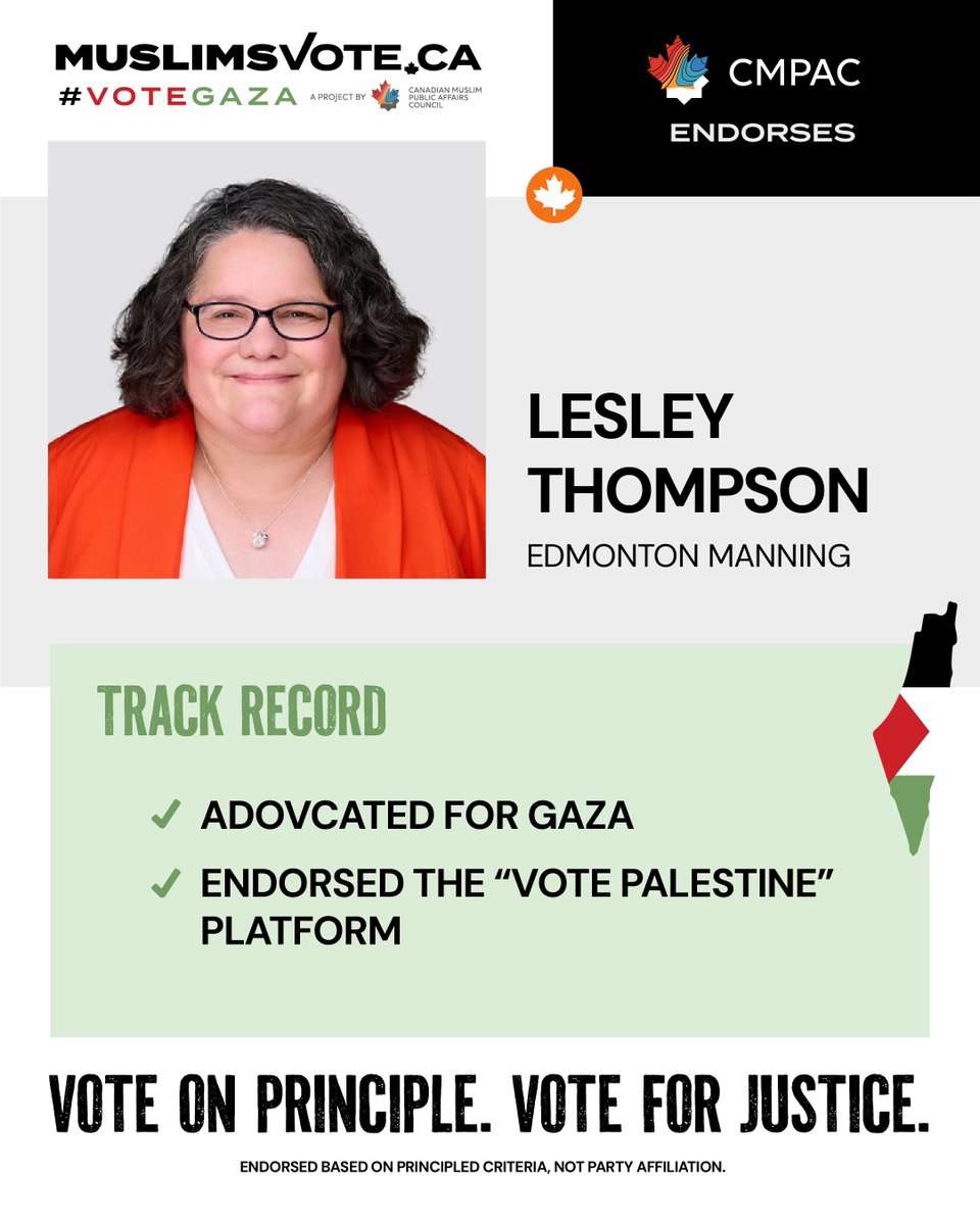 MuslimsVote2025's tweet photo. CMPAC proudly endorses @Lesley_NDP in Edmonton Manning for her principled leadership on Gaza
🗣️ Advocated for Gaza
🤝 Endorsed the Vote Palestine Campaign
Learn more about Lesley Thompson : https://t.co/4Uyo9NFI1C
#VoteForGaza https://t.co/OPrY95K5hK