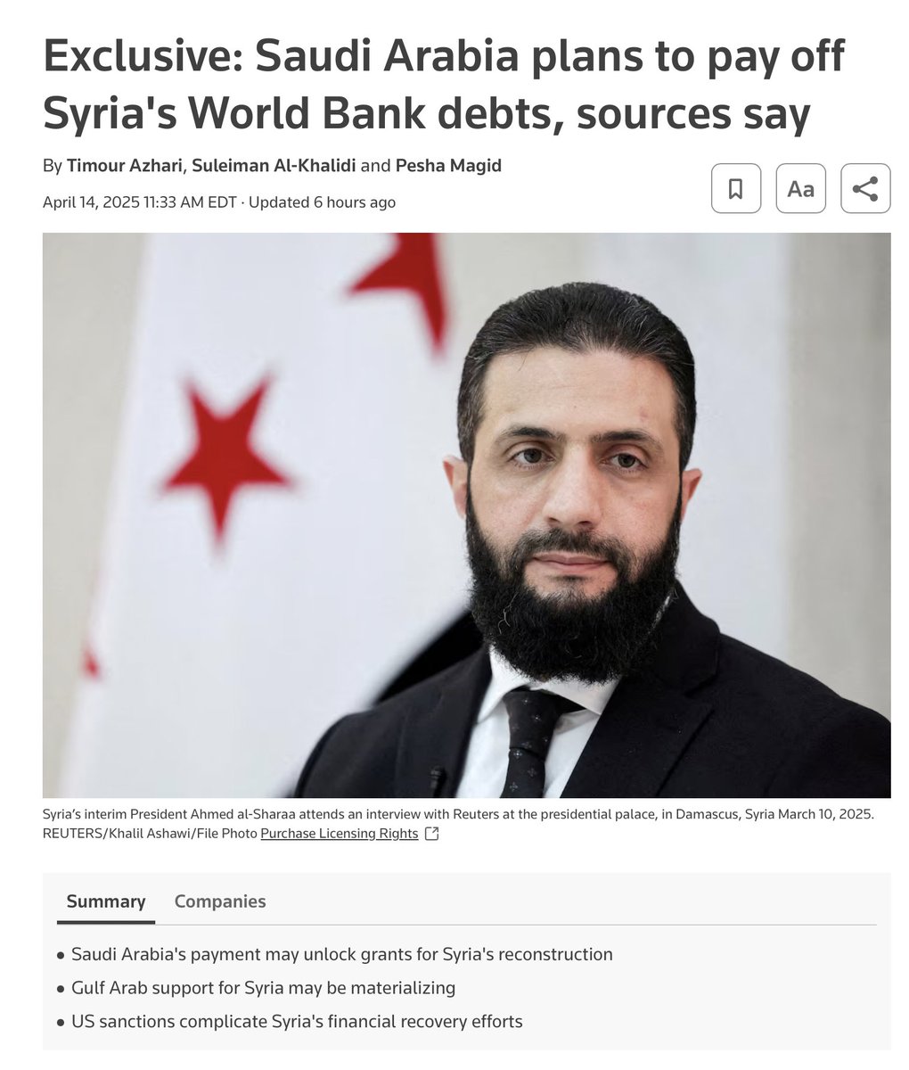 A very important story that's flying under the radar at the moment: Saudi Arabia plans to pay off Syria's World Bank debt. Beyond the humanitarian implications, there's a very significant geopolitical implication (see next tweet):