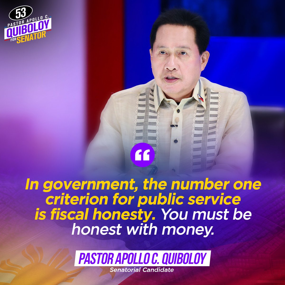 AQNationBuilder's tweet photo. In government, the number one criterion for public service is fiscal honesty. You must be honest with money.

Pastor Apollo C. Quiboloy
Senatorial Candidate

#pastorQuiboloysasenado
#ApolloQuiboloy
#Duterte
#NationBuilding
#nationbuilders
#53sabalota
#ZeroCorruption https://t.co/npbAdCrmnM