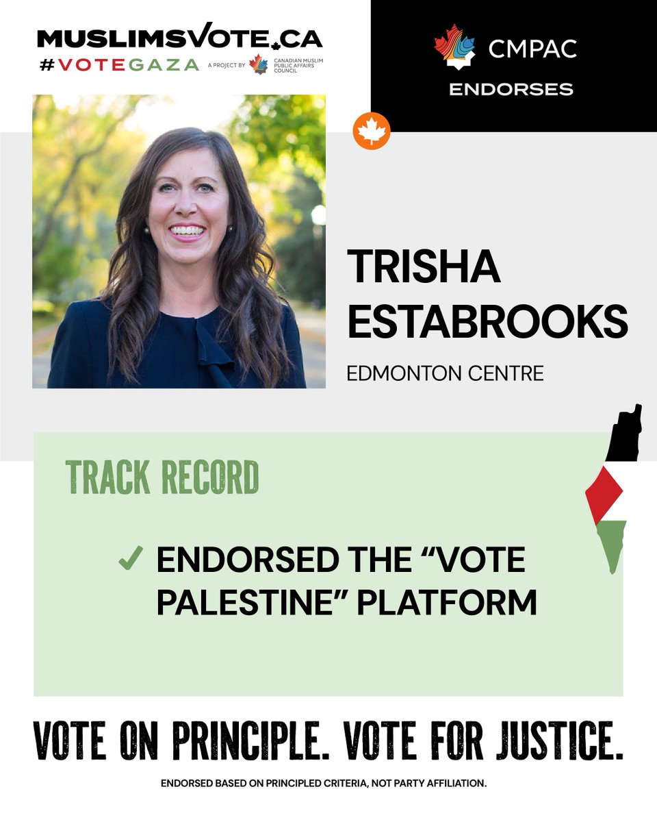MuslimsVote2025's tweet photo. CMPAC proudly endorses @TrishEstabrooks in Edmonton Centre for her principled leadership on Gaza
🤝 Endorsed the Vote Palestine Campaign
Learn more about Trisha Estabrooks : https://t.co/67yjuHy91Z
#VoteForGaza https://t.co/QY9HMNBfk4