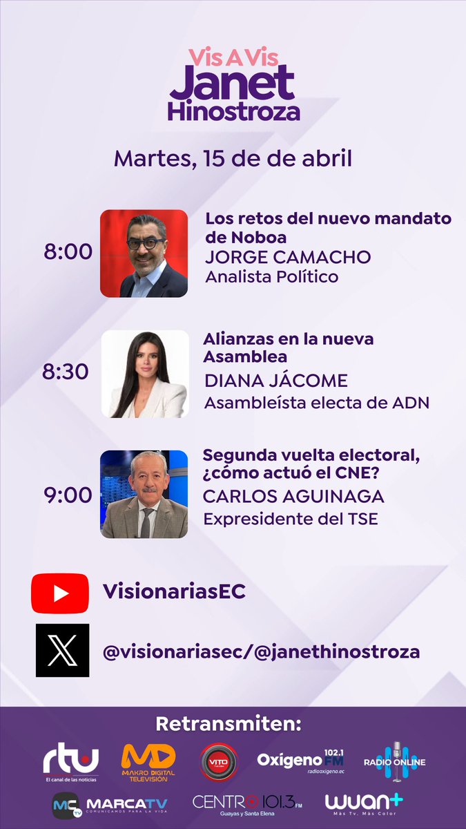 visionariasec's tweet photo. Martes en #VisaVisconJH con Janet Hinostroza nos acompañan: 

🎙️@JorgeCamachoMEX 
🎙️@dianajacome 
🎙️@carlosjaguinaga 

https://t.co/aqimQQ9j0d https://t.co/JqlcXzHVu9
