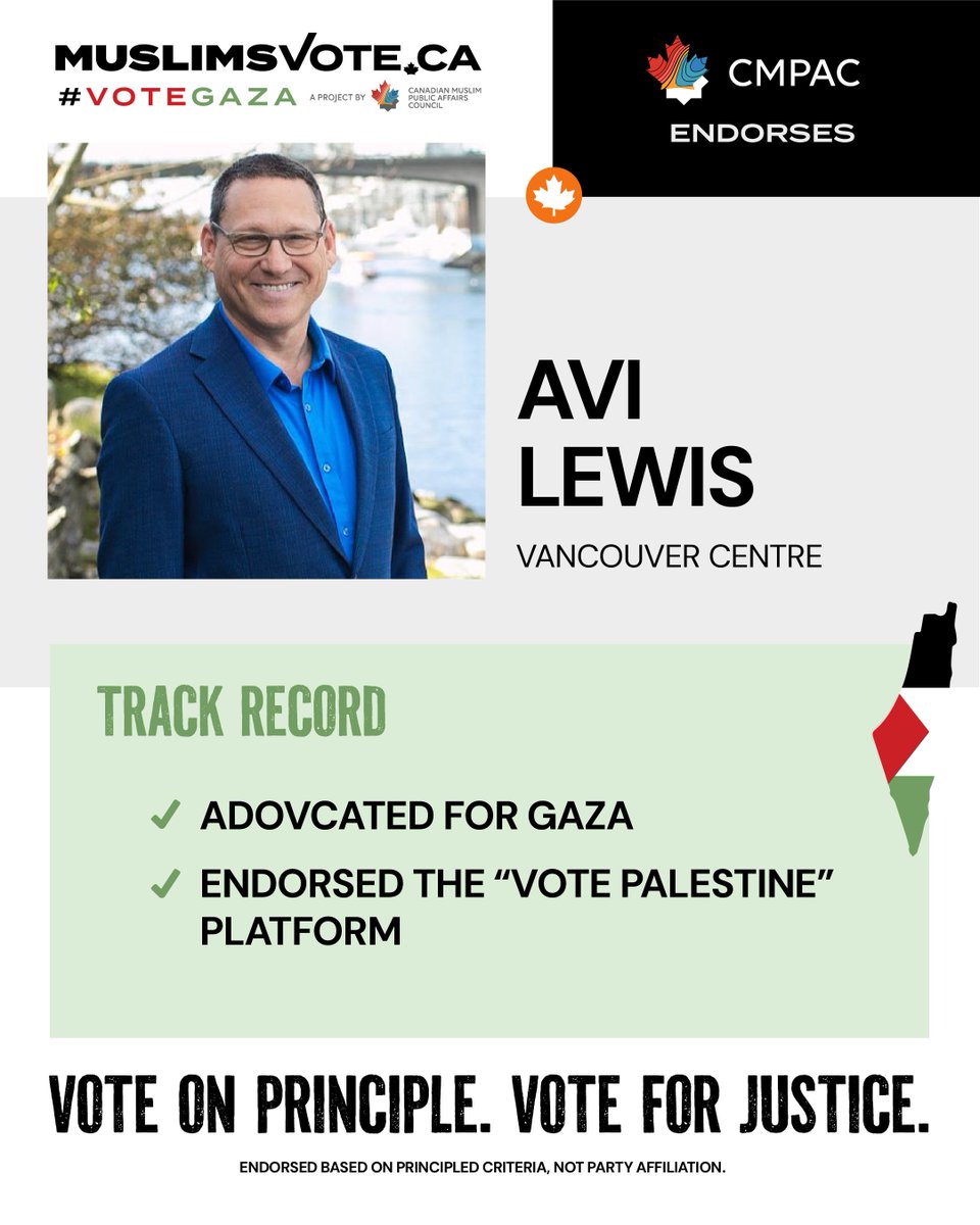 MuslimsVote2025's tweet photo. CMPAC proudly endorses @avilewis in Vancouver Centre for his principled leadership on Gaza
🗣️ Advocated for Gaza
🤝 Endorsed the Vote Palestine Campaign
Learn more about Avi Lewis : https://t.co/Wk9KkkFg3n
#VoteForGaza https://t.co/1lH48EItP7