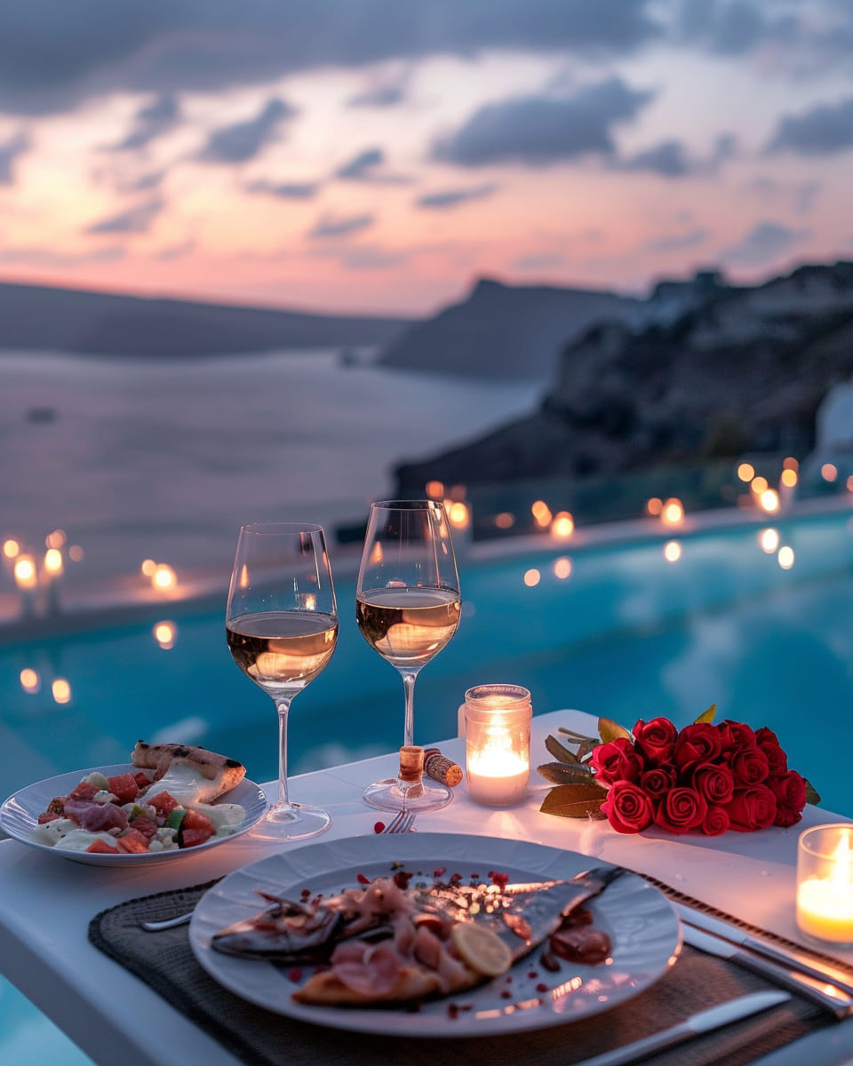 Dinner by the poolside in Santorini
