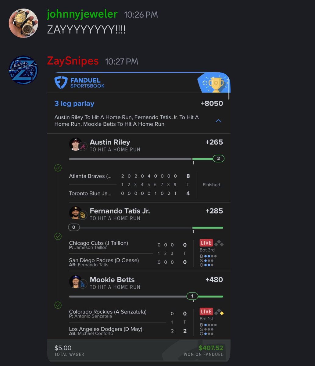 johnnyyjeweler's tweet photo. OMGGG @ZaySnipes225 CASHED THE CORD 3 LEG HR LAY!!! https://t.co/O5RXVuVYe1