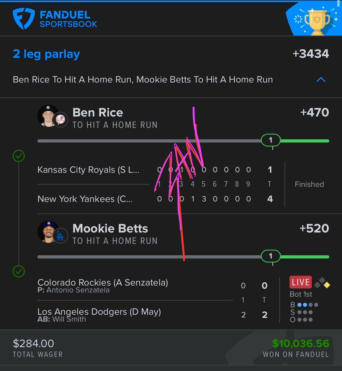 RiCKBANCHEZ's tweet photo. HOLYYYYY SHIT 🔥🔥🔥🔥🔥🔥🔥🔥🔥
BANGGGGGGGGG !!!!!!!!!!! 
MOOKIE BETTS ✅
BEN RICE ✅

I only dropped 3 slips today 
🩷 this and drop the slips #BANCHEZSPEED #BANCHEZSPEED https://t.co/KonaURESHW
