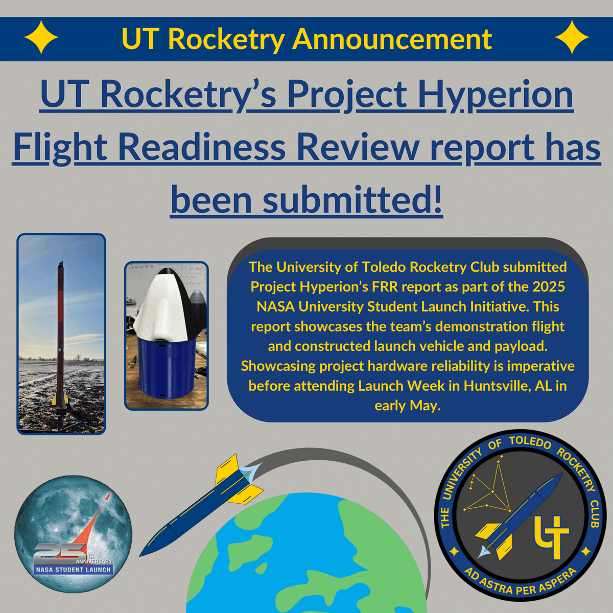 utrocketry's tweet photo. On 3/17, @utrocketry submitted FRR Report for Project Hyperion! This @StudentLaunch deliverable showcases our team's work in verifying the launch vehicle and payload for Launch Week in Huntsville. Then, on 4/10, our team completed our FRR Presentation. Go Rockets, Go Hyperion 🚀 https://t.co/Zkog52LGrE