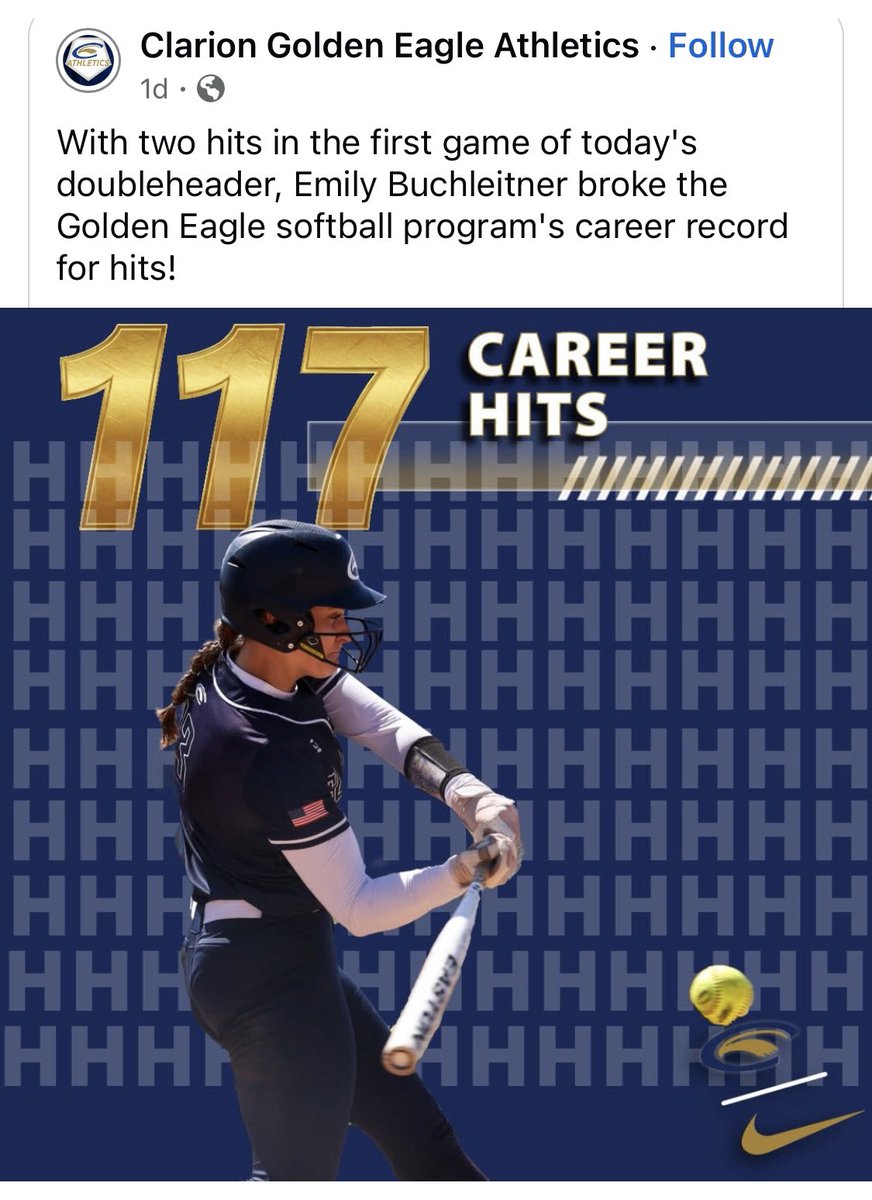 Congratulations to former West Mifflin Titan Emily Buchleitner for breaking the all time hits record at Clarion University!!! 
Way to go Emily!!!🥎💪🏾🥎💪🏾🥎💪🏾