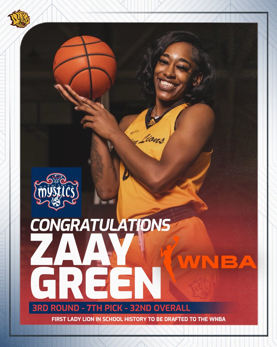 UAPBLionsRoar's tweet photo. HISTORY MADE!!!
ZAAY GREEN IS WNBA BOUND 🏀🔥
Drafted 3rd Round | 32nd Overall to the Washington Mystics 💫
The FIRST Lady Lion EVER drafted to the league!! 🦁✨

From HBCU to the pros! Zaay, you have made us proud! 🔥 https://t.co/r6Frz43xOL