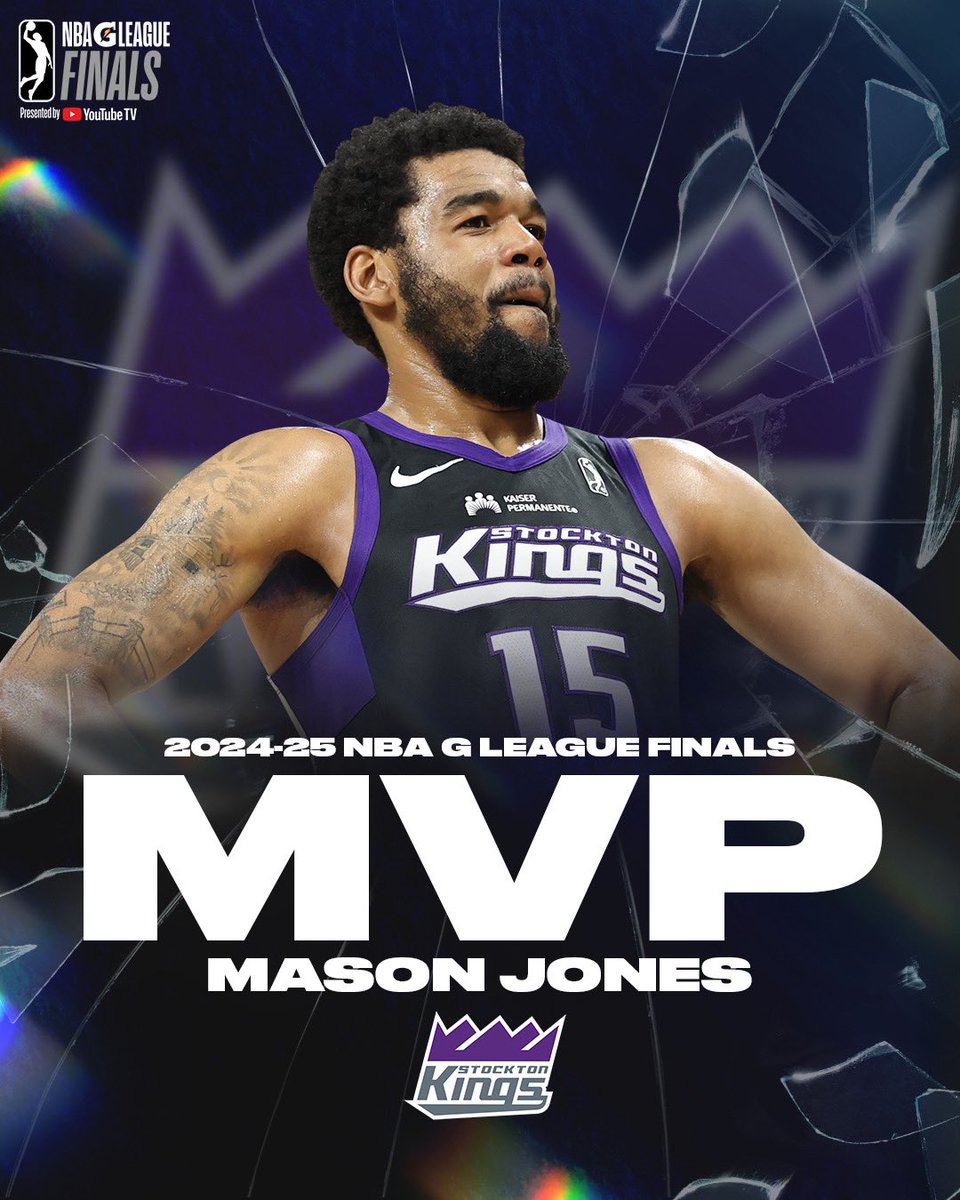 nbagleague's tweet photo. MVP Mase! After averaging 22.3 PTS, 9.7 AST &amp; 3.7 3PM, @StocktonKings star Mason Jones is your 2025 #NBAGLeagueFinals Most Valuable Player https://t.co/wA7UmyH4nw