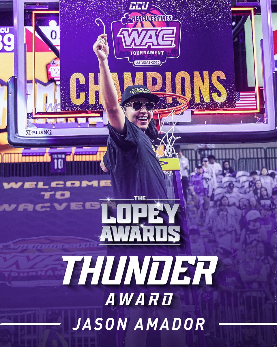 GCU_MBB's tweet image. Taking home the squad&apos;s Thunder Award at #Lopeys2k25 is @jasoncale7! 🏆💜