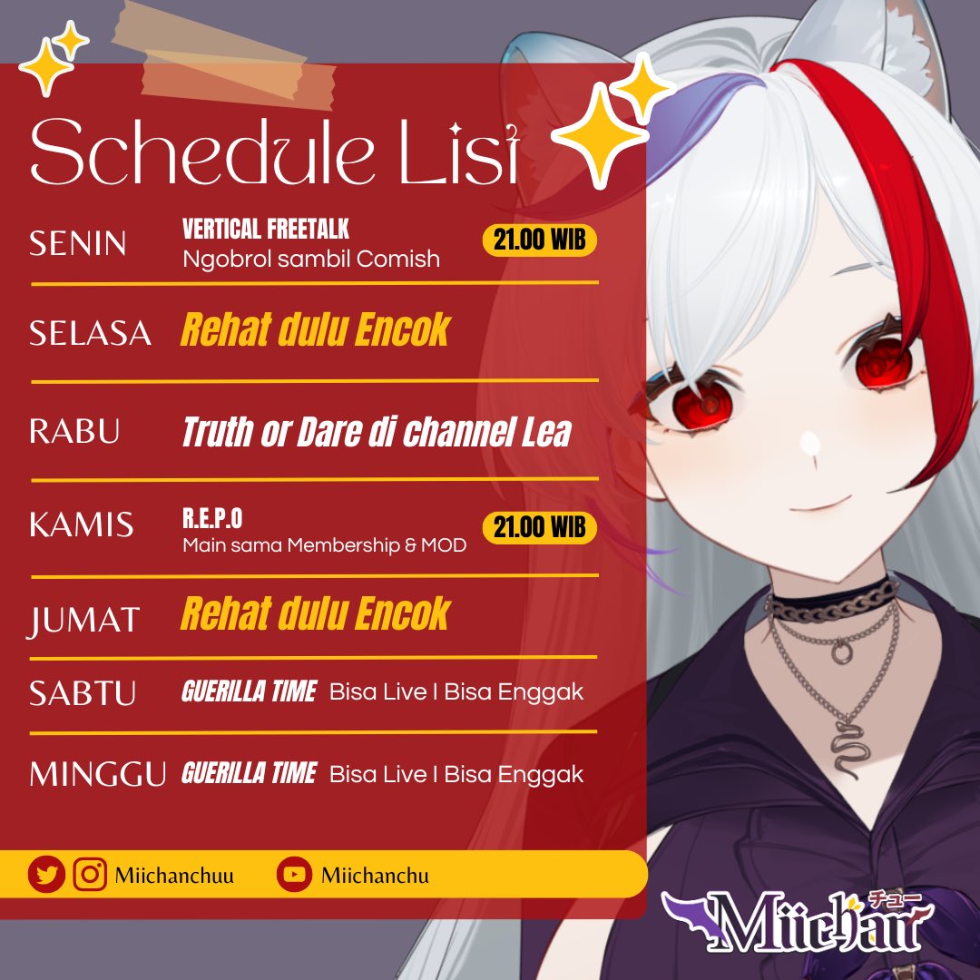 Sudahkah kamu PO Merchandise ku?! Jangan sampe kehabisan loh!!

Dan juga mau kasih Info Jadwal 14-20 April 2025

Nanti bakal Truth or Dare di Channel <a href="/LeaLestariVT/">LEA LESTARI 🧜‍♀️💙✨ SILUMAN LELE | #VCOSMIX</a> bareng <a href="/LiMingshuVT/">╰ 𝙈𝙞𝙣𝙜𝙨𝙝𝙪 ☕ #Vcosmix</a> 

GENERAL #MiichanChu
LIVE #MiiLive
CLIP #MiiMoment
ART #MiiArt
NSFW #MiichYabai 
CHIBI #woaiMii