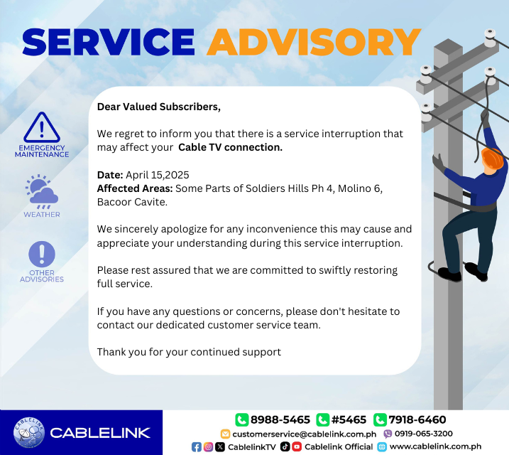 [SERVICE ADVISORY]   

We regret to inform you that there is a service interruption that affects your Cable TV connections.