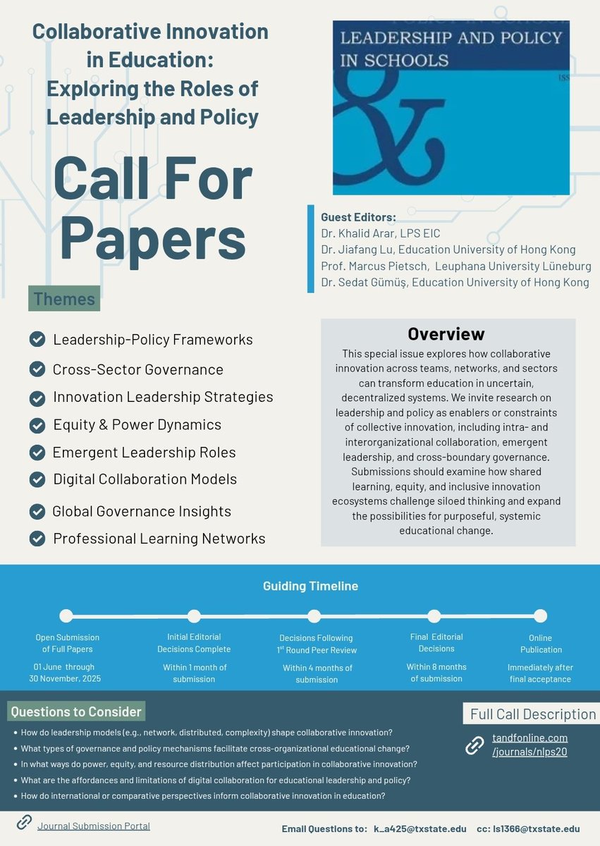 Khalid Arar (@drkhalidarr) on Twitter photo 🐦 Twitter (X):
📢 Call for Papers LPS journal invites submissions for a Special Issue: "Collaborative Innovation in Education"
🗓️ Submissions open: June 1–Nov 30, 2025
Submit: tandfonline.com/journals/nlps20
<a href="/BellibasMS/">Mehmet Şükrü Bellibaş</a>
<a href="/DivA_EdLead/">AERA Division A</a> <a href="/BelmasOffice/">BELMAS</a> <a href="/gumussed/">Sedat Gümüş</a> <a href="/lori_schunka/">Lori Schunka</a>
<a href="/BelmasOffice/">BELMAS</a> 🐦 Twitter (X):
📢 Call for Papers LPS journal invites submissions for a Special Issue: "Collaborative Innovation in Education"
🗓️ Submissions open: June 1–Nov 30, 2025
Submit: tandfonline.com/journals/nlps20
<a href="/BellibasMS/">Mehmet Şükrü Bellibaş</a>
<a href="/DivA_EdLead/">AERA Division A</a> <a href="/BelmasOffice/">BELMAS</a> <a href="/gumussed/">Sedat Gümüş</a> <a href="/lori_schunka/">Lori Schunka</a>
<a href="/BelmasOffice/">BELMAS</a>