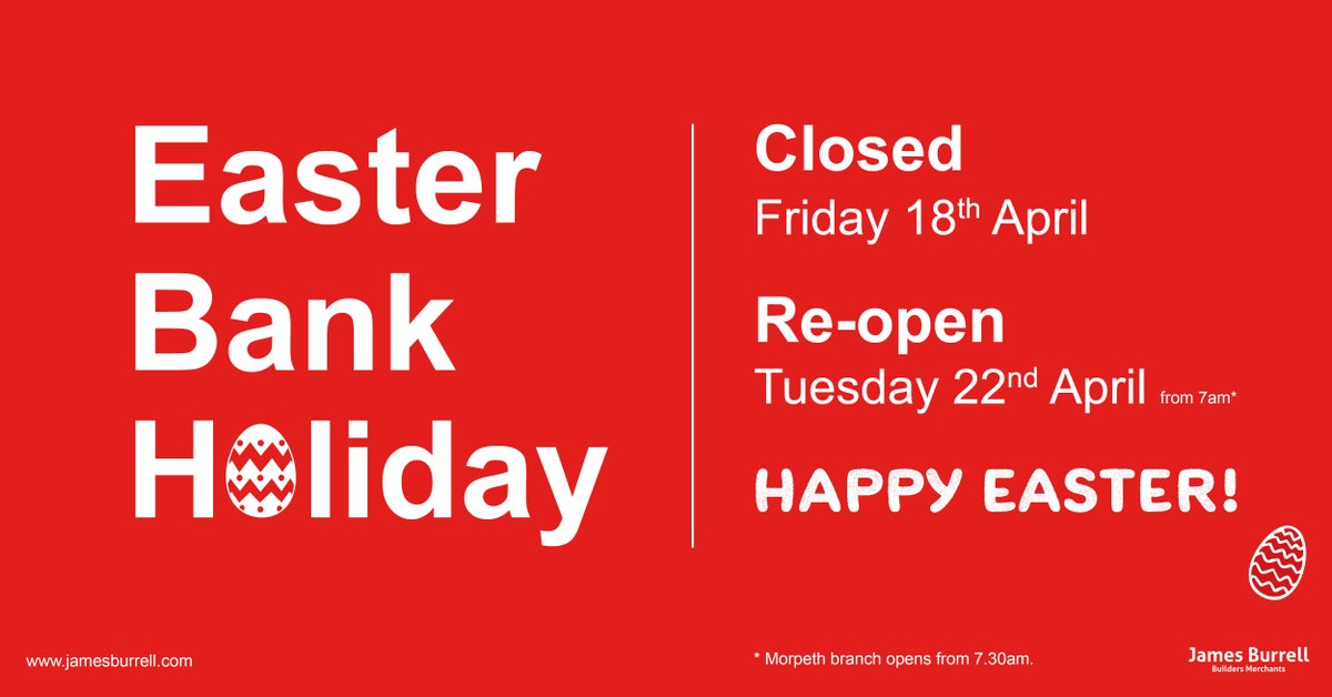 Plan ahead for Easter!

Just a reminder, our branches will be closed from 5pm on Thursday 17th April, and re-open Tuesday 22nd April from 7am*.

Make sure you get all your orders placed in time for the big weekend!

*Morpeth branch opens from 7.30am.