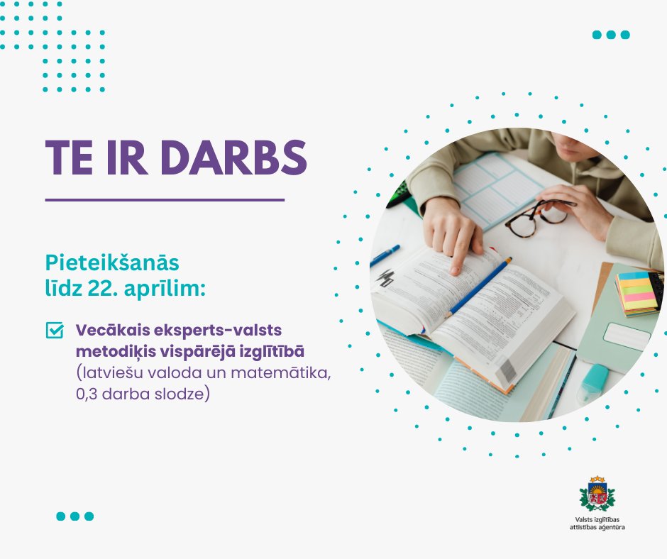 📣 Aicinām pievienoties mūsu komandai Vecāko ekspertu–valsts metodiķi latviešu valodā un matemātikā!
📘 Ja Tev ir pieredze izglītības jomā un vēlme veidot mācību saturu valsts līmenī, piesakies līdz 22. aprīlim: viaa.gov.lv/lv/vakance/vec….
#teirdarbs #vakances