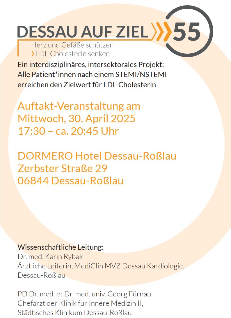 #DessauaufZiel 30.04.2025, 17:30, <a href="/DORMEROHotels/">DORMERO Hotels</a> Dessau-Roßlau. Für mediznisches Fachpersonal kostenfrei, bitte hier registrieren: lipid-liga.de/events/dessau-…
Frau Dr. Rybak und ich freuen uns schon auf die Veranstaltung.