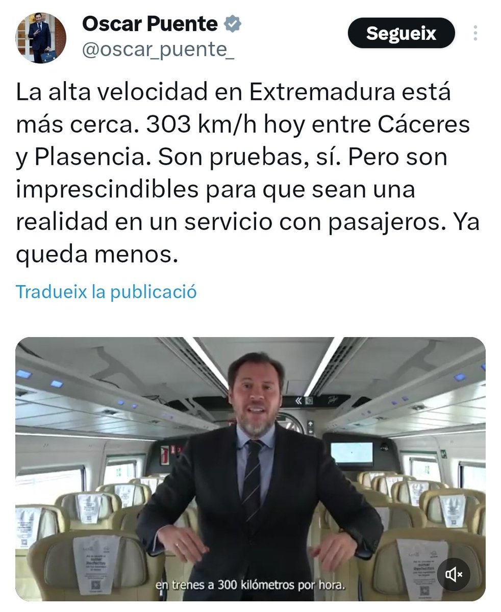 Alta velocidad entre Cáceres (96.000h) y Plasencia (39.000h). La alta velocidad entre València y Barcelona, con Areas Metropolitanas de 1.635.000 y 3.291.000h respectivamente, ni está, ni se la espera. Es una decisión política, pero esto no te lo contará <a href="/oscar_puente_/">Oscar Puente</a>.