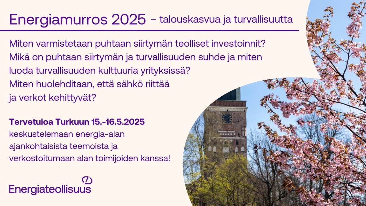 Tervetuloa <a href="/Energiateol/">Energiateollisuus - Finnish Energy</a> kevätseminaariin 𝐄𝐧𝐞𝐫𝐠𝐢𝐚𝐦𝐮𝐫𝐫𝐨𝐬 𝟐𝟎𝟐𝟓 – 𝐭𝐚𝐥𝐨𝐮𝐬𝐤𝐚𝐬𝐯𝐮𝐚 𝐣𝐚 𝐭𝐮𝐫𝐯𝐚𝐥𝐥𝐢𝐬𝐮𝐮𝐭𝐭𝐚⚡️

Lisätietoa ja ilmoittautuminen👇
koulutuskalenteri.adato.fi/Default.aspx?t…