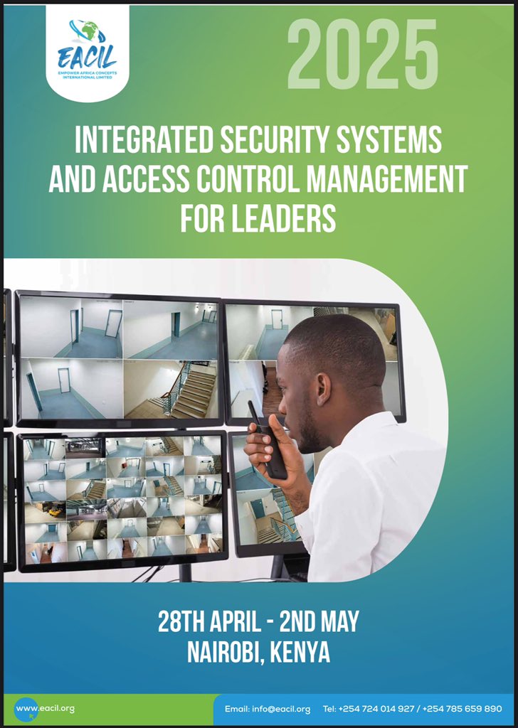eacil_ke's tweet photo. See you from 28th April to 2nd May 2025 for our Integrated Security System and Access Control Management Course. Don’t miss out!

#FixKenyaETA #MainaAndKingangi #eacil https://t.co/VLTXY0UUjD