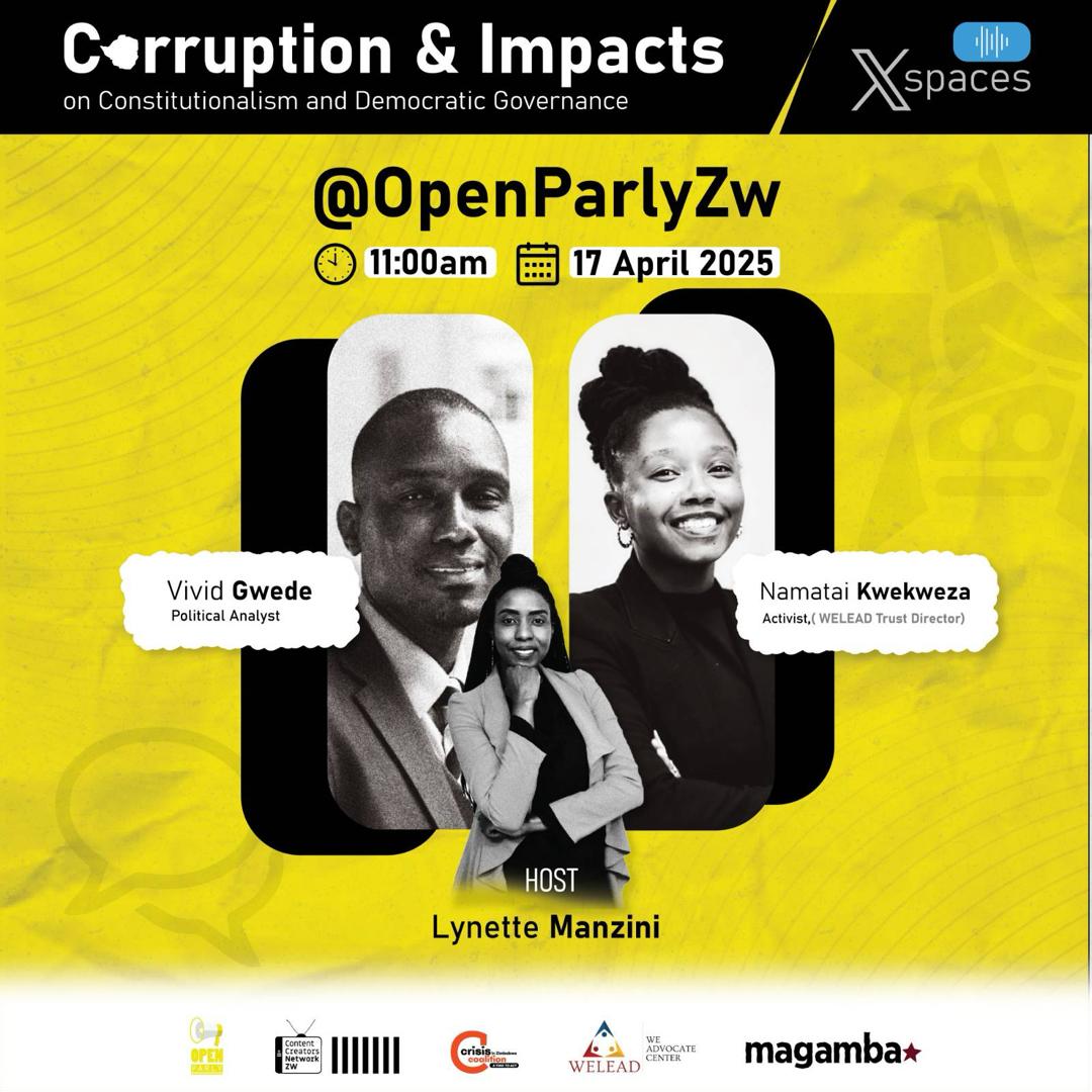 WELEAD TRUST (@weleadteam) on Twitter photo Are you a young and active citizen of Zimbabwe?
We invite you to join us on April 17, 2025, at 11 AM on <a href="/OpenParlyZw/">Open Parly ZW</a> for an important discussion on corruption and its impacts on constitutionalism and democratic governance. This is a vital opportunity for young people to engage Are you a young and active citizen of Zimbabwe?
We invite you to join us on April 17, 2025, at 11 AM on <a href="/OpenParlyZw/">Open Parly ZW</a> for an important discussion on corruption and its impacts on constitutionalism and democratic governance. This is a vital opportunity for young people to engage