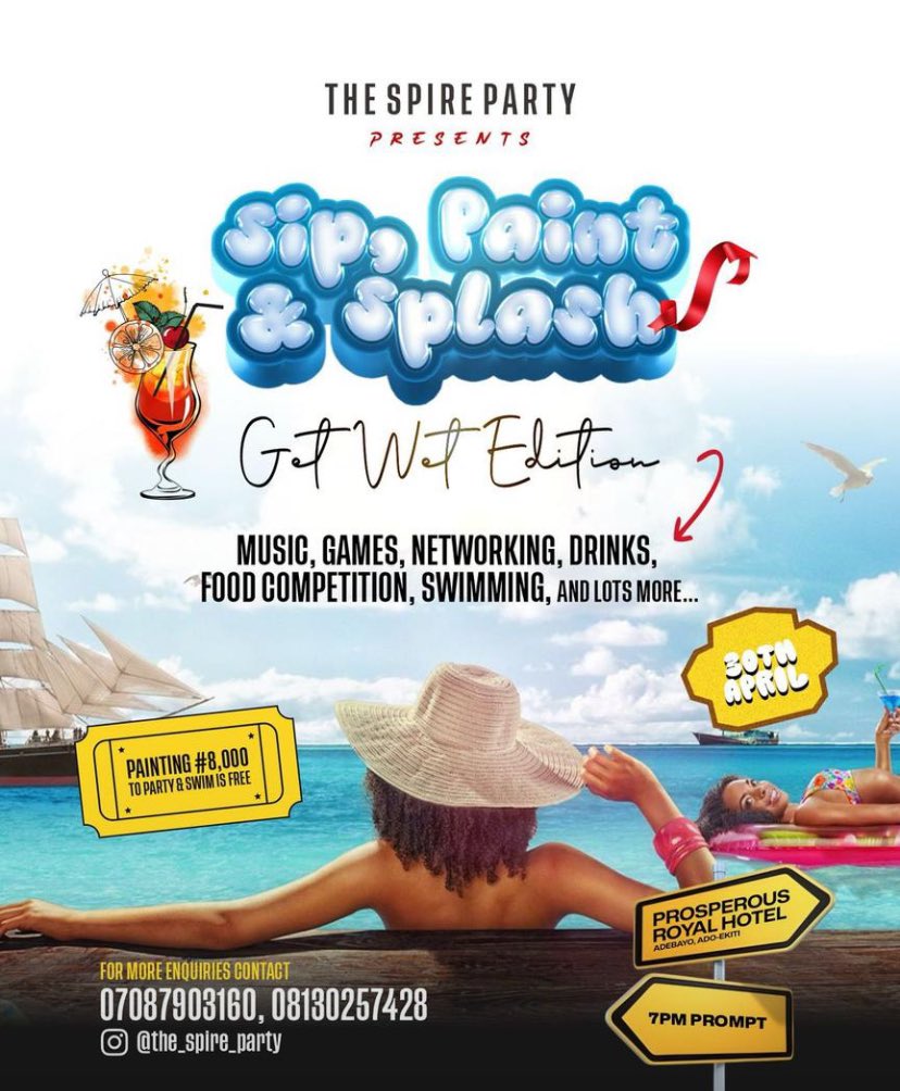 A sip and paint partyy that comes with getting wet is gonn be happening live in ado Ekiti ,prosperous royal hotel ,on 30th of April ,Come enjoy Good and Sweet vibes☺️It’s sip and paint season babyyyyy🕺🏿🎉🎨