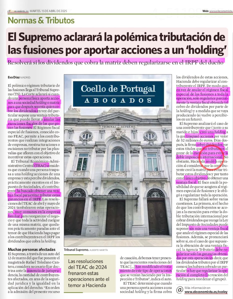 El Tribunal Supremo examinará si el Tribunal Económico Administrativo Central lleva razón al exigir la regularización de las operaciones de aportación de títulos a una sociedad holding constituye una forma de defraudar en el IRPF.