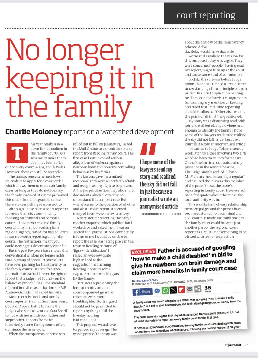 My feature on the first week of the expanded family court reporting scheme in the <a href="/NUJofficial/">NUJ</a> magazine, on the challenges but the great potential of family courts to become a staple of the court reporters’ diet alongside mags, crown and coroners. Link below: