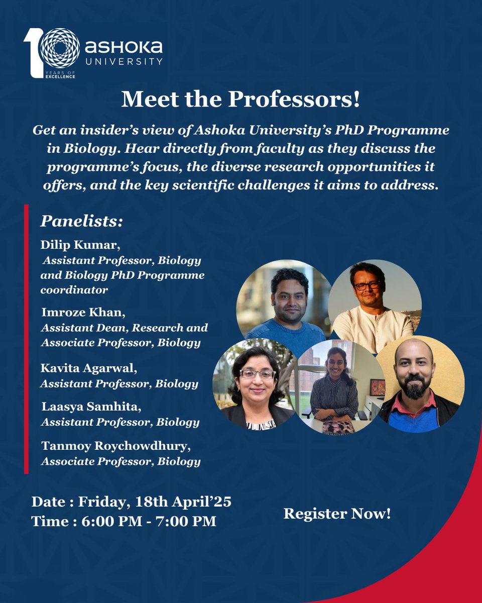 Join us for an exclusive Faculty Panel Discussion and gain insights into Ashoka University’s Ph.D. Programme in Biology.

Date: 18th April, 2025
Time: 6:00 PM – 7:00 PM

Register here: zoom.us/webinar/regist…

Applications to the Ph.D. Programme in Biology close on 20th April