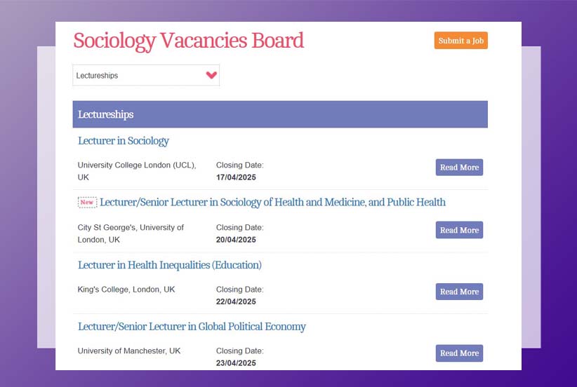 Over 50 job opportunities on our Sociology
Vacancies Board! See tinyurl.com/nyeswn2h for the latest fellowships, lectureships, professorships and other posts in sociology and allied disciplines #sociology