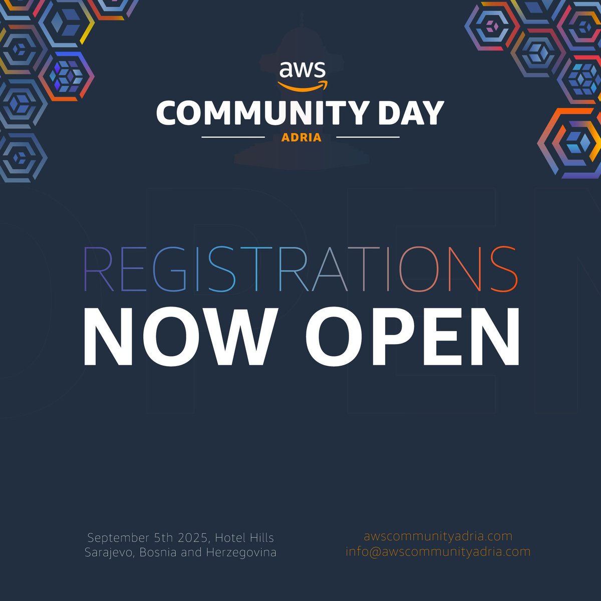 Dzenan Dzevlan (@sqlheisenberg) on Twitter photo Registrations for the biggest <a href="/awscloud/">Amazon Web Services</a> conference on the Balkans are now open. See you in #sarajevo on September 5th at the AWS Community Day Adria.
awscommunityadria.com
<a href="/awsbosnia/">AWS Community Bosnia ☁️ 🇧🇦 ☁️</a>
#awsbosnia #awsadria Registrations for the biggest <a href="/awscloud/">Amazon Web Services</a> conference on the Balkans are now open. See you in #sarajevo on September 5th at the AWS Community Day Adria.
awscommunityadria.com
<a href="/awsbosnia/">AWS Community Bosnia ☁️ 🇧🇦 ☁️</a>
#awsbosnia #awsadria