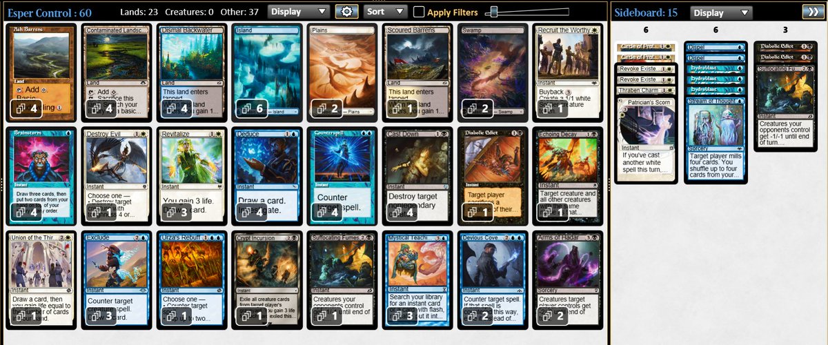 I created this uw ctrl list in modern, I took a cue from the legacy list, probably because I'm used to playing legacy I'm getting along well with it #mtgmodern.
Plus I'm still playing Esper control in #mtgpauper after bans I find the metagame slightly slower! A good for control.